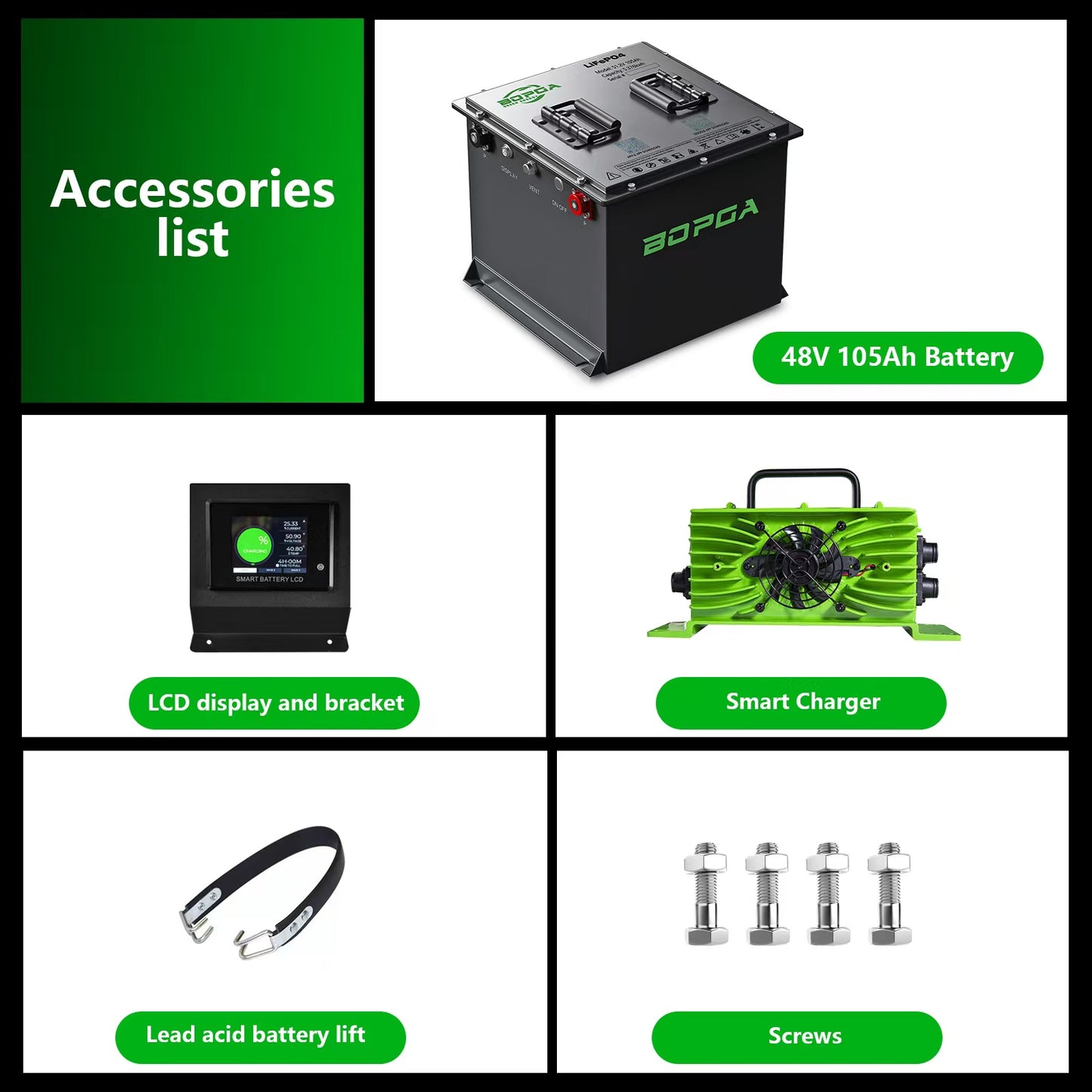 BOPGA 48V 105Ah MINI Lifepo4 Lithium-ion Golf Cart Battery, Built-in 150A BMS, with Smart Charger,Touch Monitor & Bluetooth APP, 4000+ Cycles, Easy to Install, Suitable for All 48V Golf Carts