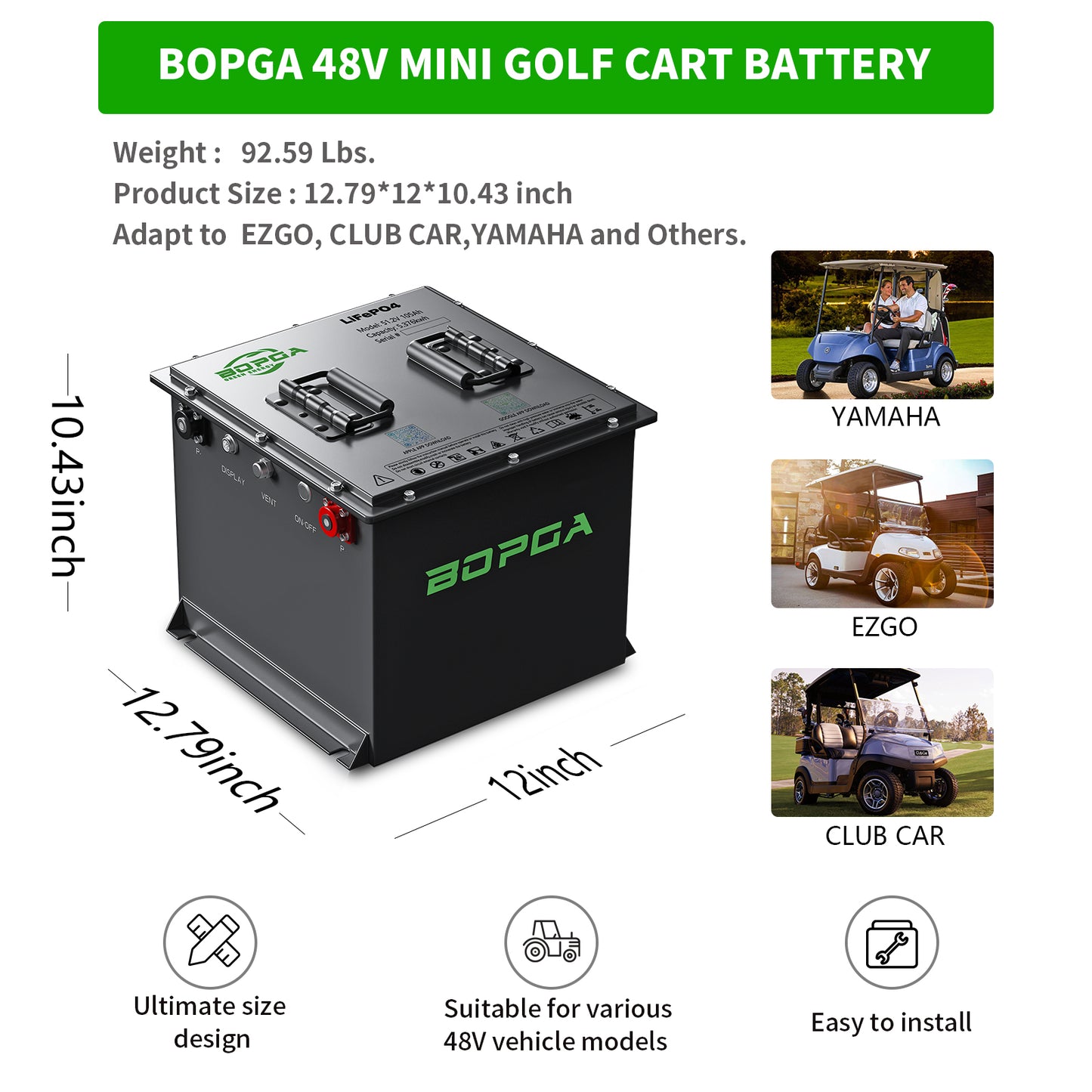 BOPGA 48V 105Ah MINI Lifepo4 Lithium-ion Golf Cart Battery, Built-in 150A BMS, with Smart Charger,Touch Monitor & Bluetooth APP, 4000+ Cycles, Easy to Install, Suitable for All 48V Golf Carts