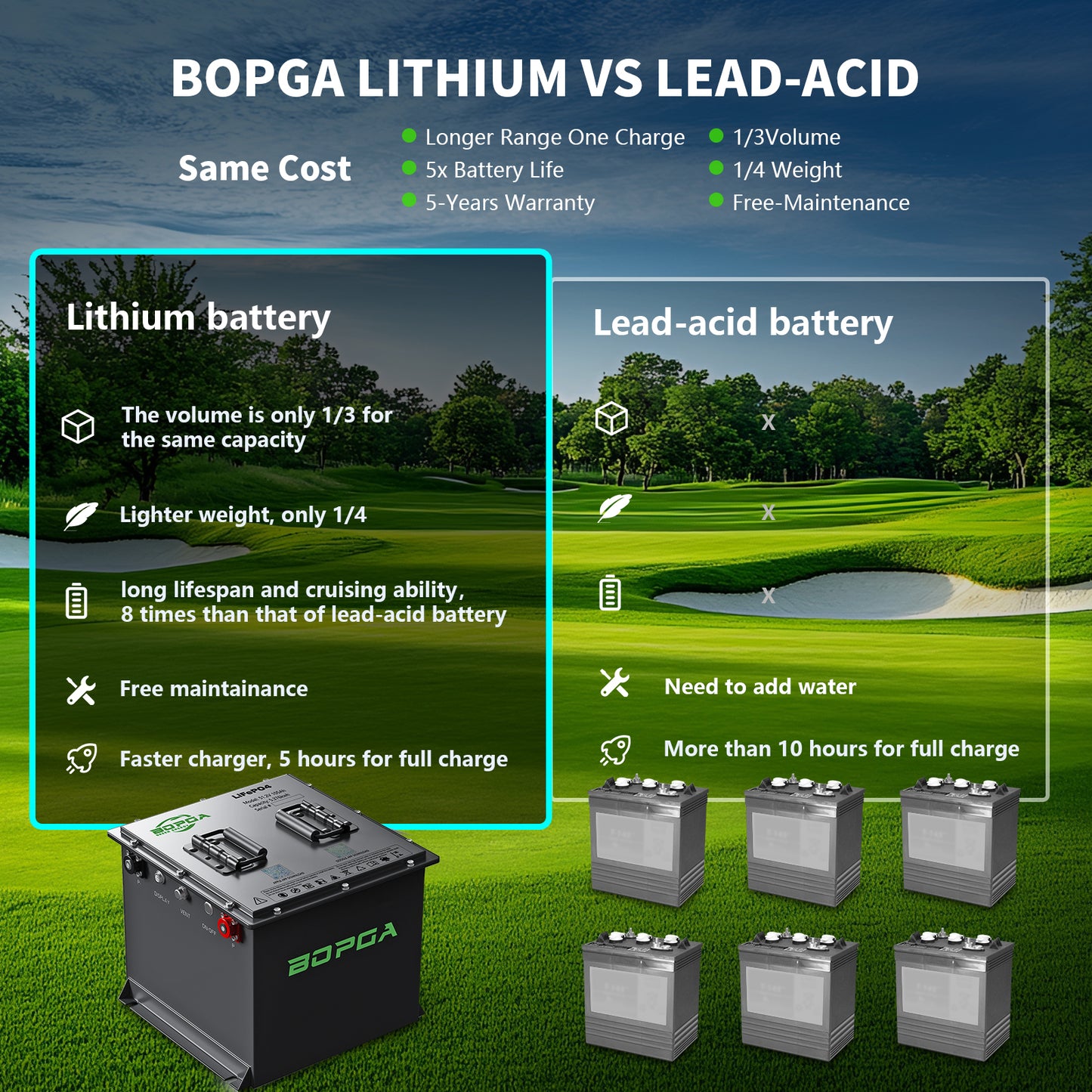 BOPGA 48V 105Ah MINI Lifepo4 Lithium-ion Golf Cart Battery, Built-in 150A BMS, with Smart Charger,Touch Monitor & Bluetooth APP, 4000+ Cycles, Easy to Install, Suitable for All 48V Golf Carts