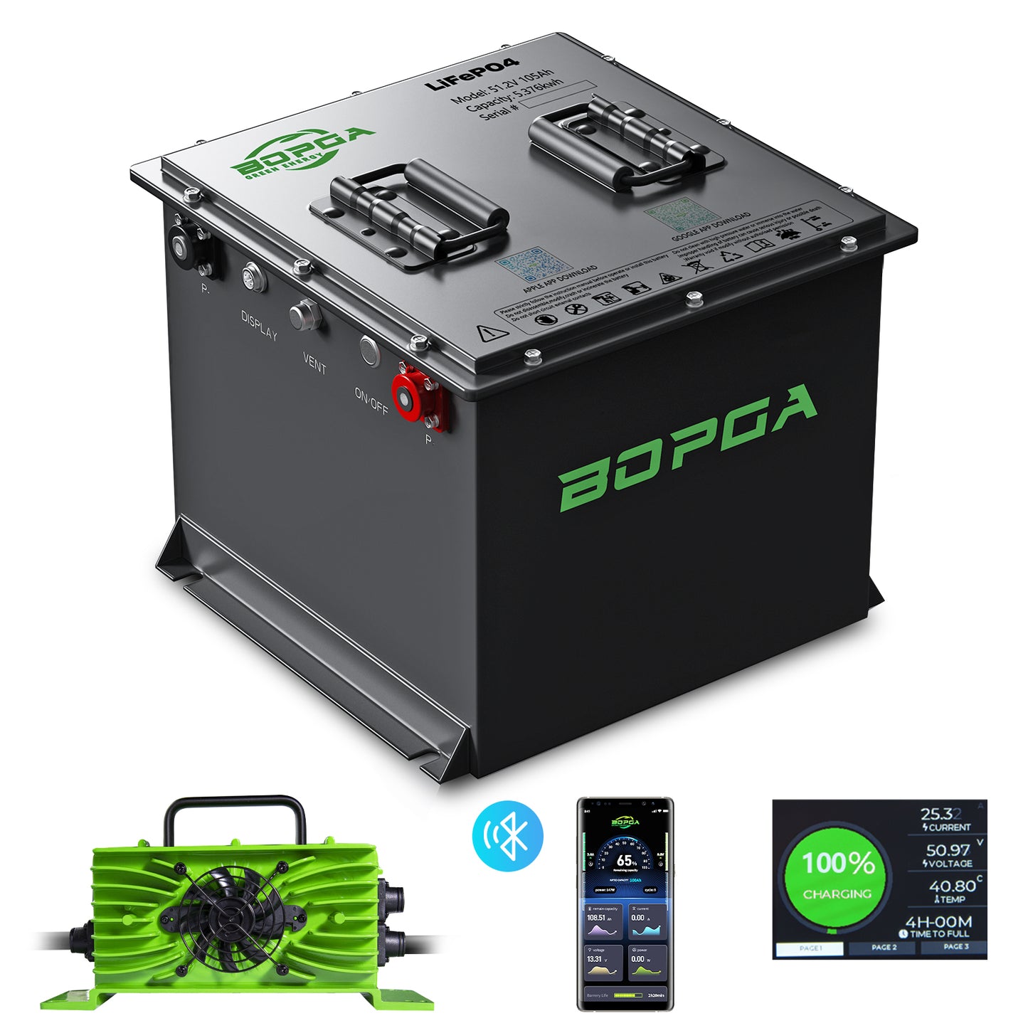 BOPGA 48V 105Ah MINI Lifepo4 Lithium-ion Golf Cart Battery, Built-in 150A BMS, with Smart Charger,Touch Monitor & Bluetooth APP, 4000+ Cycles, Easy to Install, Suitable for All 48V Golf Carts